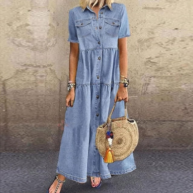 TIMIFIS Robe-Chemise en Denim d'Été pour Femme à Manches Courtes, Robe en Jean Usée, Boutonnée, Robe Maxi Décontractée