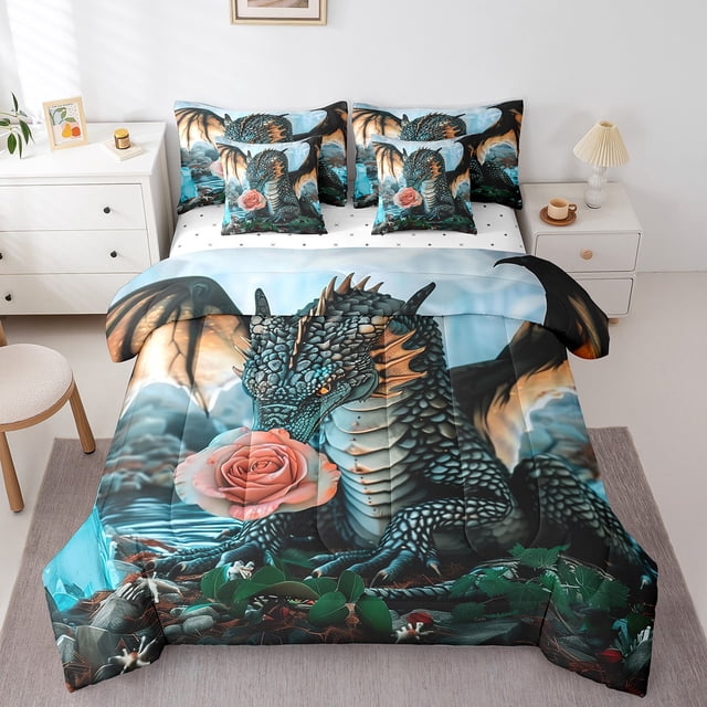 YST 3D Dragon Bedding Set, Magic Animal Theme, 7pcs Comforter Set, Queen Size, Pink Rose Floral