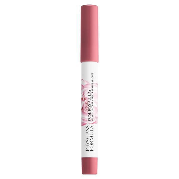 Rosé Kiss Rouge à Lèvres Brillant Toute la Journée - First Kiss par Physicians Formula, un Brillant à Lèvres Mince avec Capuchon et base Roses, Corps Blanc Présentant un Graphique rose et un Texte Noir, Offrant une Formule Hydratante Riche en Antioxydants Qui Apaise et Lisse les Lèvres pour un Style Plus Fourni.
