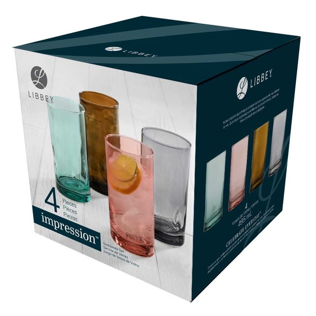 Libbey Impressions Ensemble de 4 Verres à Boisson Multicolores de 16 oz avec Côtés Bosselés Uniques en Sarcelle, Ambre, Rose et Gris, Présentés sur une surface en Bois Blanche, Idéal pour la Vaisselle de Boisson et les occasions de Réception.