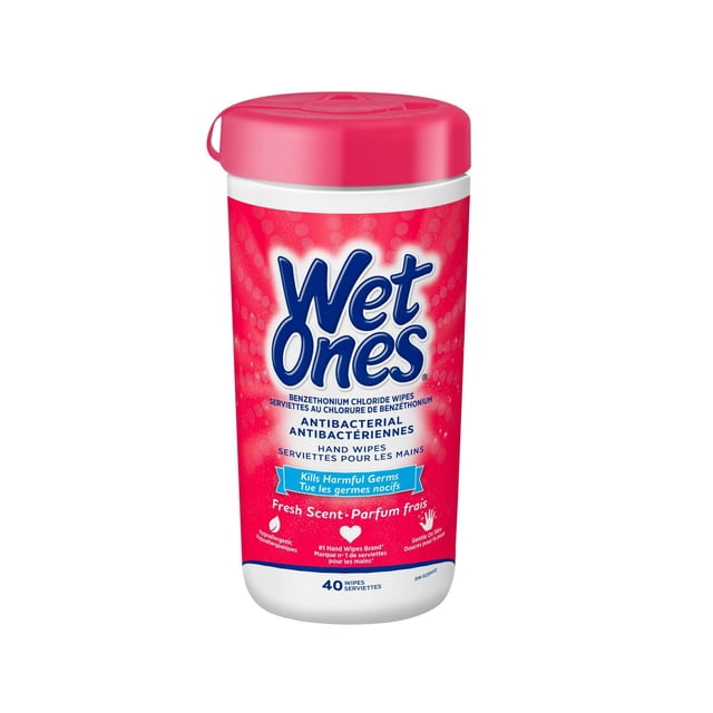 Wet Ones Antibacterial Hand Wipes container with fresh scented wipes in a red and white plastic tub with a pink flip-top lid, designed for antibacterial hand cleaning and quick mess cleanup, holding 40 wipes suitable for on-the-go use and fitting car cupholders.