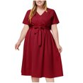 thumbnail image 2 of Ovzne Robes pour Femmes Robe d'Été Robe d'Été pour Femmes Grande Taille Couleur Unie Col en V Manches Courtes Décontractée Robe à Fines Bretelles Robe de Printemps Manches Courtes Liquidation, 2 of 6