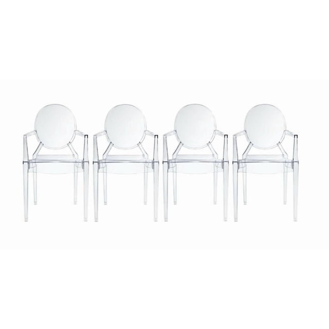 Heavenly Collection Plastic Arm Chair for Dining Area set of four clear polycarbonate armchairs with King Louis-style round backs and armrests, stackable and waterproof, suitable for indoor and outdoor dining seating, shown front-facing on a white background, also suitable as stylish patio chairs.