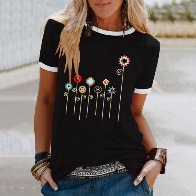 EGNMCR T-Shirts pour Femmes Femme Couleur Imprimé de Fleurs Manches Courtes Col Rond Décontracté Hauts Amples Manches Courtes