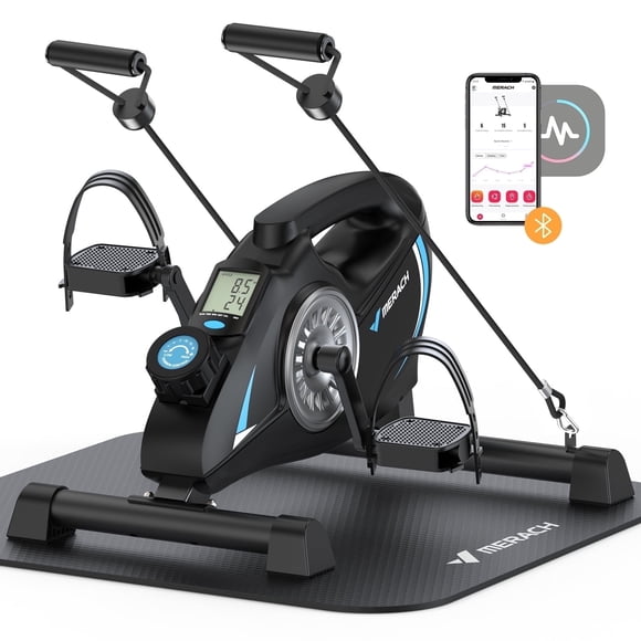 MERACH Vélo à Pédales sous le Bureau, Exerciseur Intérieur Silencieux, Machine Elliptique pour Jambes et Bras, Mini Vélo d'Exercice à Pédales pour les Pieds avec Application Gratuite, Tapis Antidérapant, 2 Bandes de Résistance