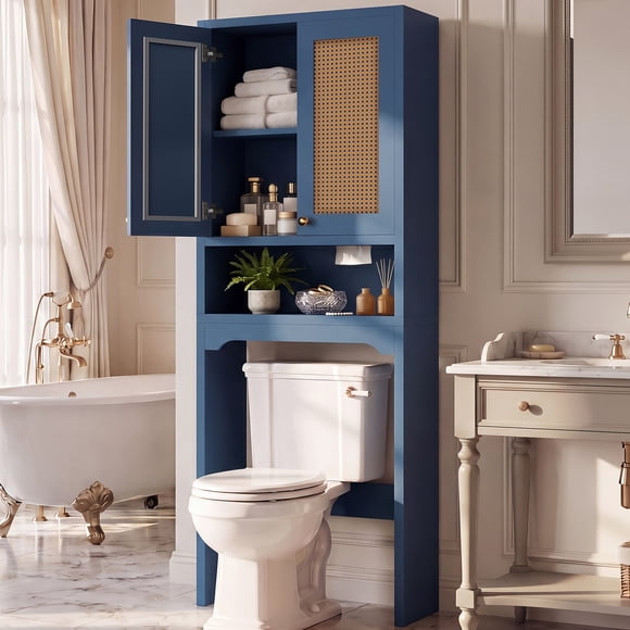 OMCHOM 67in Bathroom Storage Cabinet, Tall Freestanding Organizer with Extra Lower Open Space, Multi-Compartment Storage Unit for Bathroom Household Daily Supplies, Blue