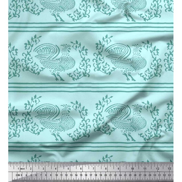 Soimoi Polyester Crepe Fabric Stripe,Leaves & Hen Block Print Sewing Fabric Yard 42 Inch Wide