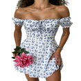 thumbnail image 1 of Femmes Floral Puff Sleeve Mini Robe Cordon Ruché Carré Cou une Ligne d'Été Robe Courte, 1 of 4