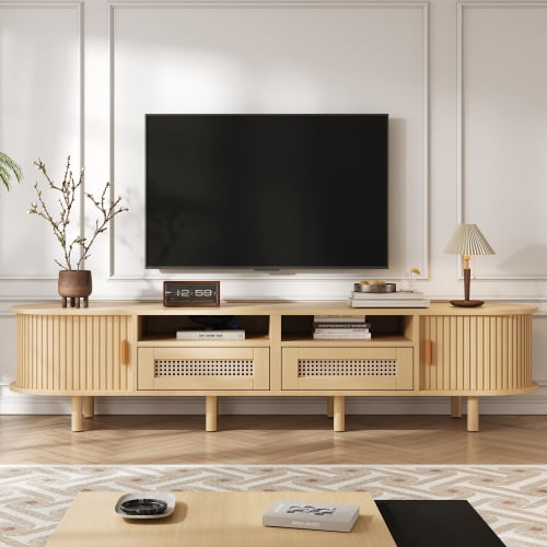 taoruifang Natural MDF TV Stand with 2 Rattan Drawer and 2 Sliding Doors for 65 Inch TV, Media Console with Rounded Corners for Living Room