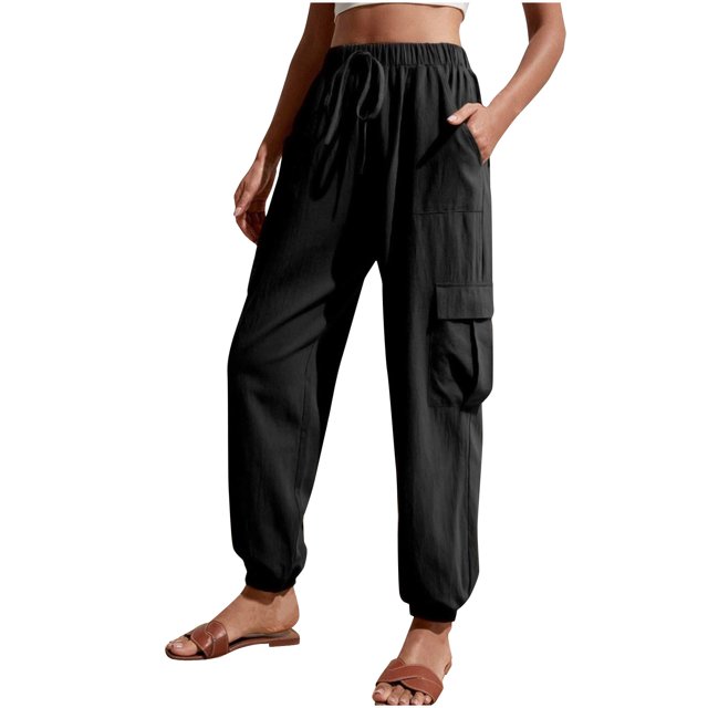 AherBiu Pantalons Taille Haute pour Femmes avec 4 Poches Printemps Automne Décontracté Ample Bas Resserré