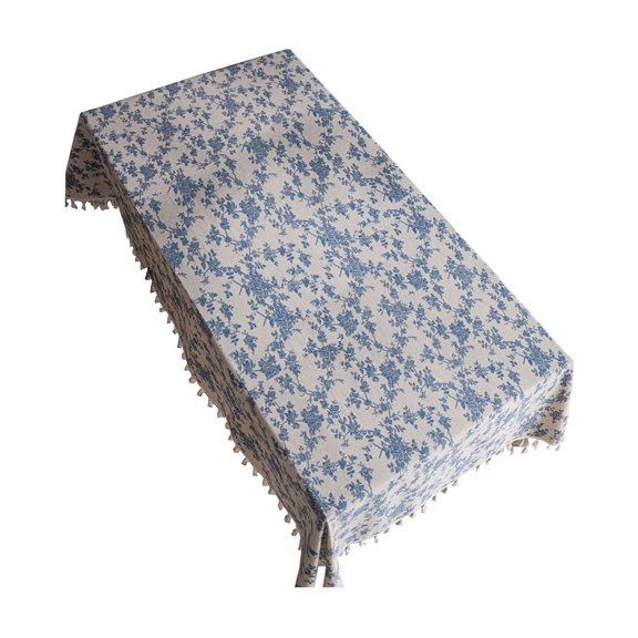 Vintage Blue Roses Cotton and Linen Tassel Tablecloth for Wedding Decorations 78.7 in x 55.1 in