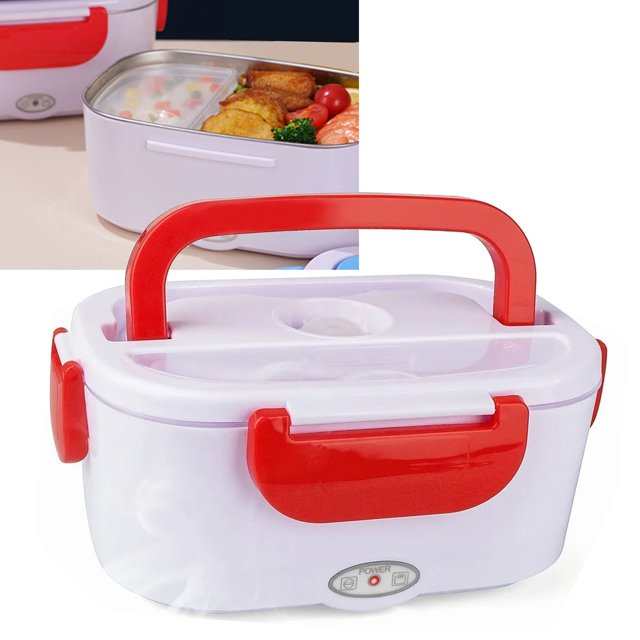 Electric Lunch Box by Dewin with a red and white design, featuring a sturdy carrying handle and removable inner liner for easy cleaning. Made of food-grade PP plastic, it includes a vegetable box, spoon, and power cords for home and car use. This portable food heater has a 1.5L capacity, operates at 40W, and heats meals quietly and efficiently.