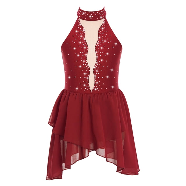 RUNQHUI Kids Girls Lyrical Dance Dress Shiny Rhinestone Halter Sleeveless Backless Leotards Dress Burgundy 12