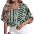 thumbnail image 1 of Pompotops Femmes Décontracté Bohème Ample Imprimé Manches Courtes Col en V Chandail Blouse Hauts, 1 of 8
