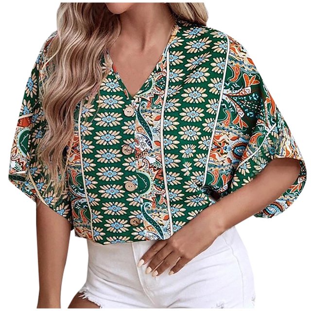 Pompotops Femmes Décontracté Bohème Ample Imprimé Manches Courtes Col en V Chandail Blouse Hauts
