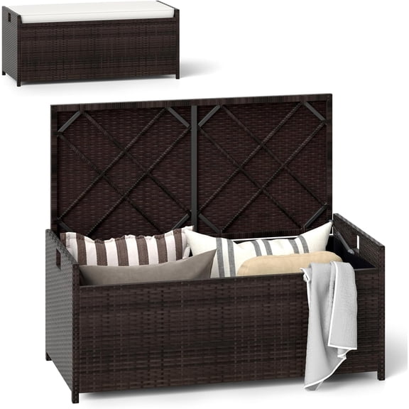 Gymax 34 Gallon Outdoor Storage Bench Patio Wicker Deck Box w/ Off White Cushion