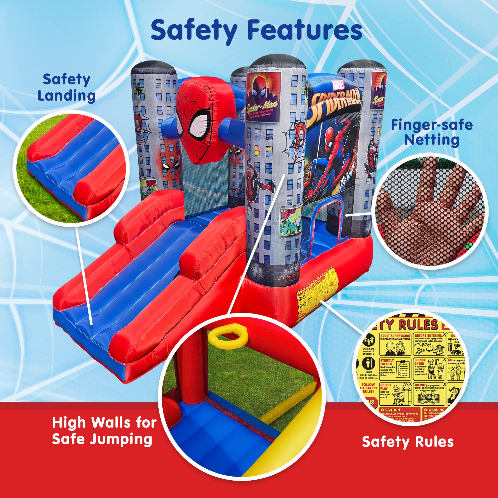 Funormous Disney Spider-Man Outdoor Inflatable Bounce House with Slide, Plus Heavy Duty Air Blower with GFCI for Kids Ages 3-8 Years