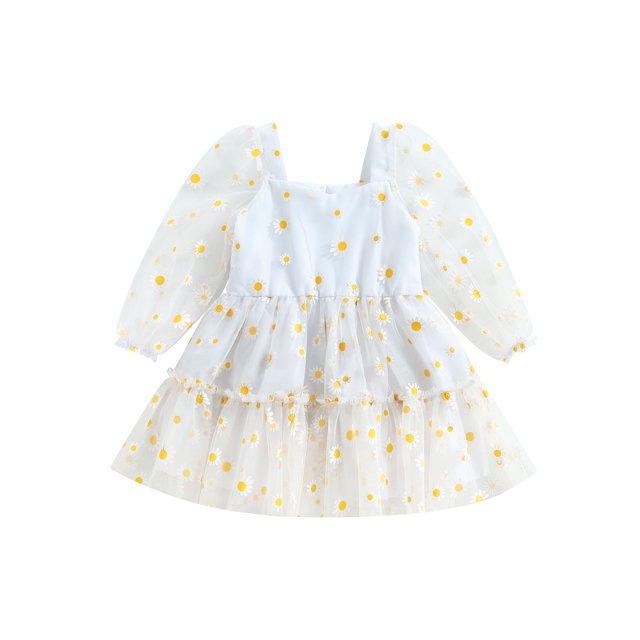 Fortune Robe Trapèze Princesse pour Bébé Fille Manches Longues en Maille Tulle Robe à Imprimé Marguerites