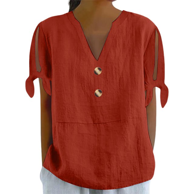 Tshirts Women Ladies V Neck Button Short Sleeve Top Cold Shoulder Daily Wear Spring Shirts Women Red S