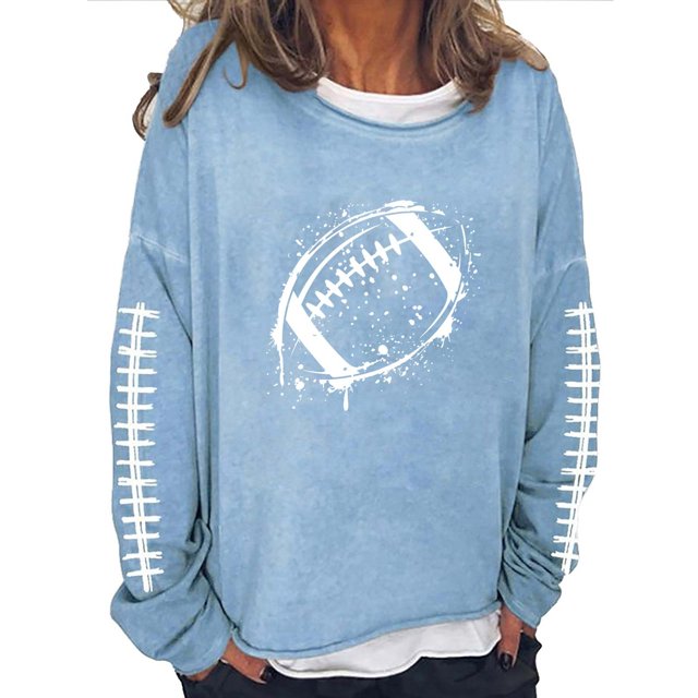 2025 Chandails en Molleton Vintage Football Imprimé Basique Surdimensionné Col Rond Longue Tunique Pull Décontracté Manches Longues Bleu Clair