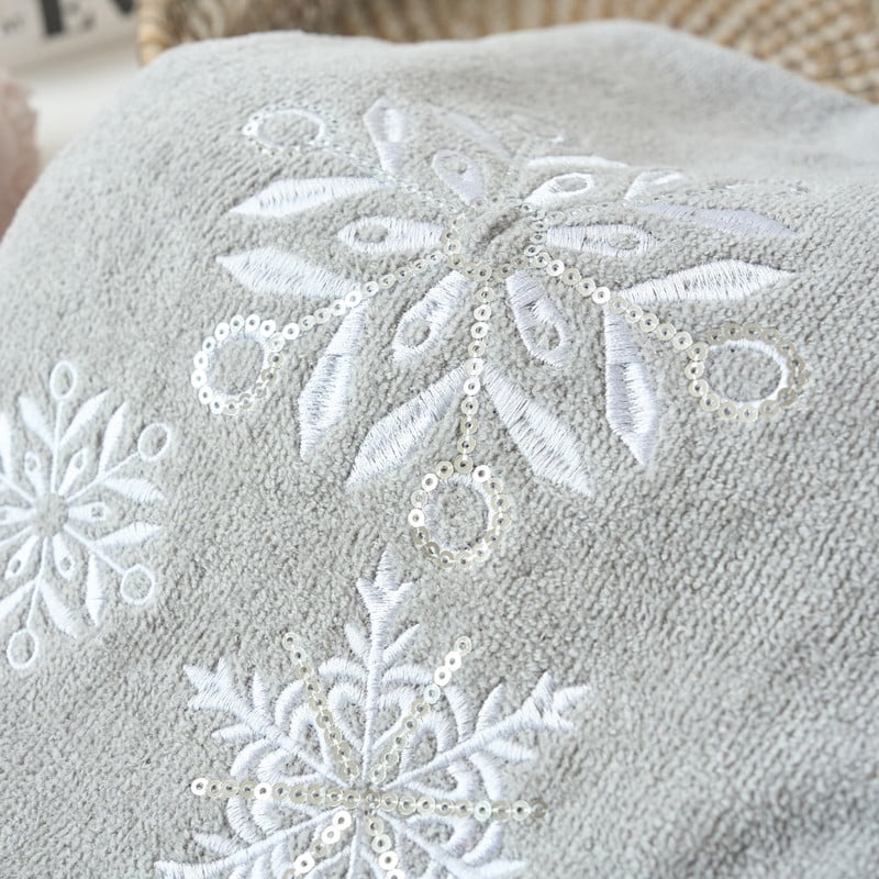 Marina Decoration Xmas Ensemble de Serviettes de Luxe Premium Ultra Doux 100 % Coton Brodé Moderne de Noël 3 Pcs, Motif Flocon de Neige Gris Blanc