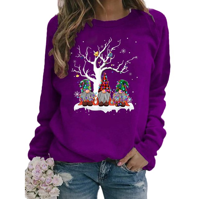 Bellella Pull pour Femmes Col Rond Sweat-Shirts de Noël Imprimé Gnome Sweat-Shirt Chaud à Manches Longues pour Femmes Violet TG