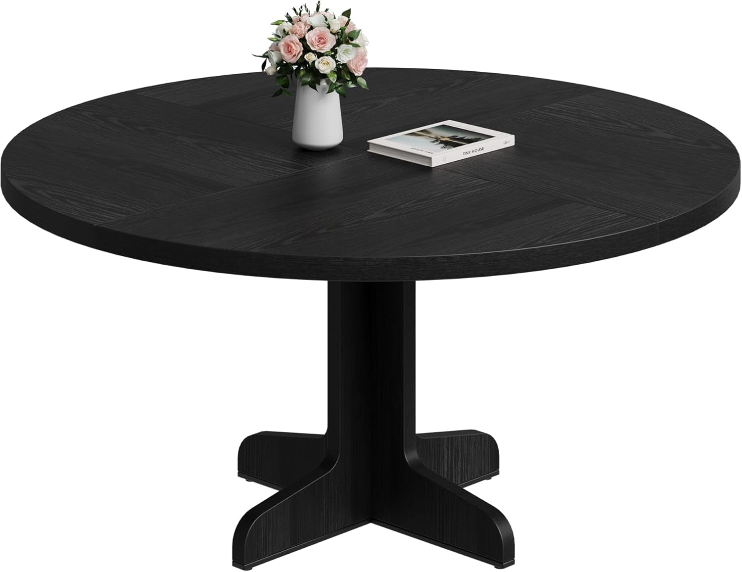 47 Inch Round Dining Table - Round Dining Room Table for 4, Kitchen Dinner Table with Wooden Top and Legs, Farmhouse Coffee Table for Dining Living Room - Black