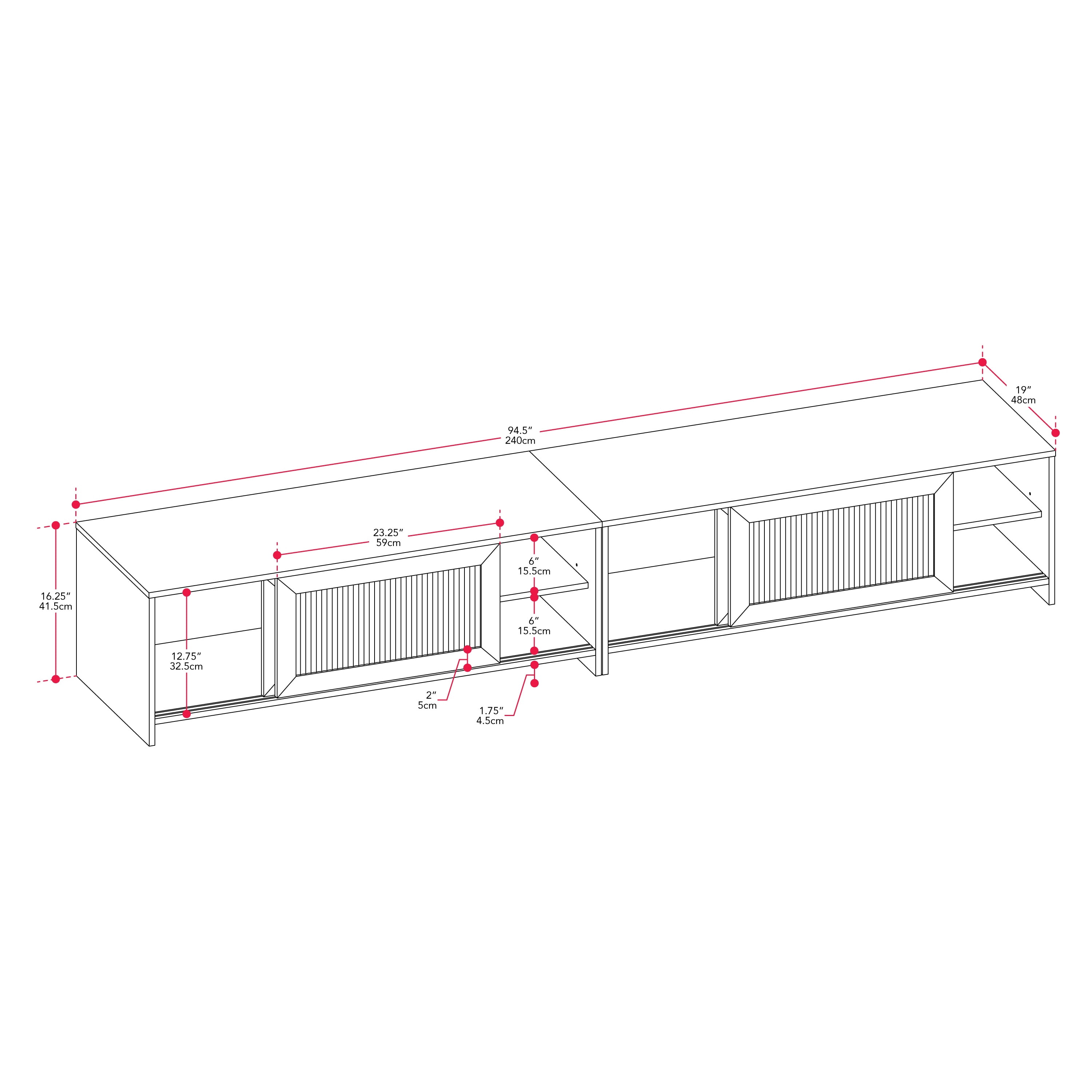 Meuble TV double modulaire CorLiving Ellis en bois d'ingénierie avec 4 portes vitrées cannelées, compatible avec la plupart des téléviseurs de plus de 95 pouces, noir
