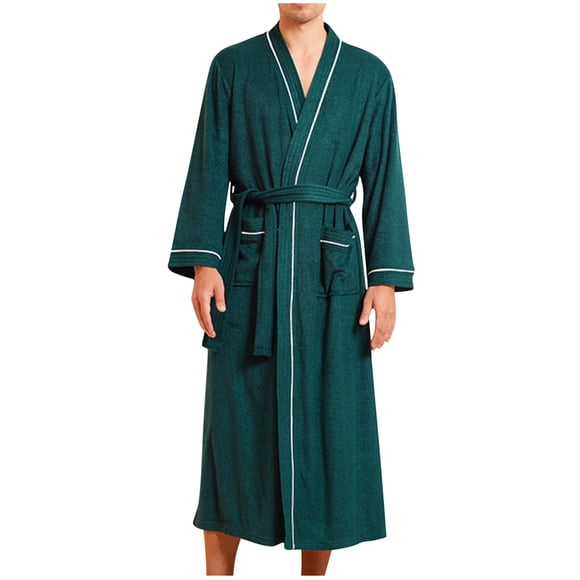 ShomPort Towel Robes for Mens Full Length Long Sleeve V-Neck Open Front Thick Nightwear Comfort Everyday Bathrobes with Pockets
