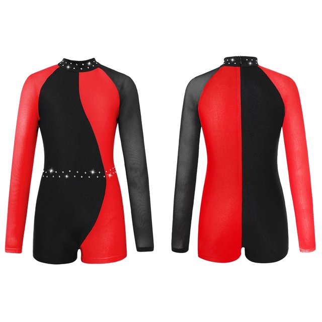 Yeahdor Shiny Rhinestones Gymnastics Leotards for Girls Long Sleeve Dance Jumpsuit Athletic Ballet Unitards Red 6