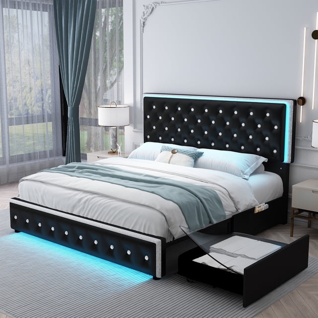 SIBEDS Queen LED Bed Frame with 2 Storage Drawers, PU Leather Diamond Tufted Headboard, RGB Lights, Noise Free, Black