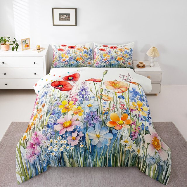 Poppy Flowers Comforter Set Boho Floral King Bedding Set,Jungle Plant Down Comforter Botanical Leaves Quilt Set,Country Butterfly Rustic Home Decor