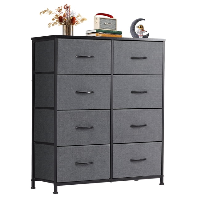EDX Commode à 8 Tiroirs pour Chambre, Tour d'Organisation de Rangement en Tissu Gris avec Cadre en Acier Renforcé et Dessus en Bois Robuste. Comprend des Tiroirs Spacieux pour l'Intimité, des Patins de Pieds Ajustables pour la Stabilité sur les Planchers Irréguliers et des Matériaux Durables pour une Utilisation durable. Peut Aussi Servir de Meuble Télé compact, Idéal pour les Chambres Ou les Salons au design Moderne.