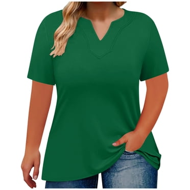 cfhntfmh Women's Plus Size V Neck Tops Summer Short Sleeve Tees Casual Loose Tunic Solid Casual Basic Tees 2025 Fashion