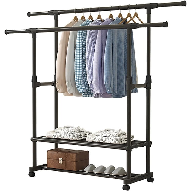 HueMaison Double Rails Clothing Garment Rack Portable Adjustable Clothes Rack with Wheels, Black. Features two adjustable horizontal poles extending from 35 to 60 inches and vertical height adjustable from 35 to 60 inches. Includes two lower shelves for extra storage of shoes, boxes, or laundry baskets. Made of durable metal with a corrosion-resistant black finish and a 150 lbs load capacity. Equipped with anti-slip buckles and four lockable swivel wheels for easy mobility. Suitable for bedrooms, closets, balconies, laundry rooms, and entryways.