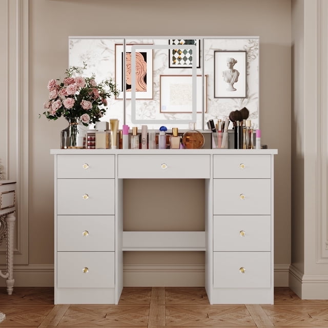 WIAWG Modern Adult Vanity Table Set Makeup Desks with LED Lights,White