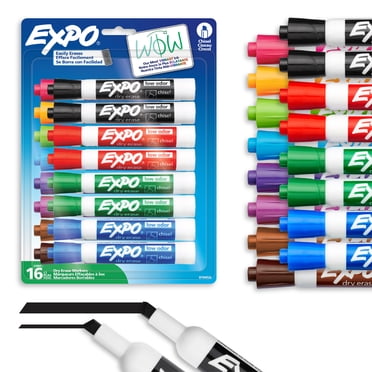 Marqueurs effaçables à sec EXPO, encre à faible odeur, couleurs variées, pointe biseautée, 16 unités