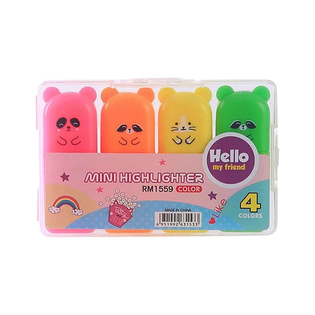 Wdhugt Mini Cartoon Style Highlighter Marker Pen Set 4 Colors Bright Ink Study Office School Supplies Notes Text Marking Tool 10Ml Durable Nib Assorted Shades A