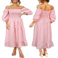 thumbnail image 1 of Robe Bohème Fluide pour Femmes à Manches Bouffantes, Épaules Dénudées, à Carreaux, à Volants, Robe Midi, Robes d'Invitée de Mariage, 1 of 6