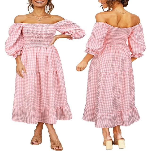 Robe Bohème Fluide pour Femmes à Manches Bouffantes, Épaules Dénudées, à Carreaux, à Volants, Robe Midi, Robes d'Invitée de Mariage