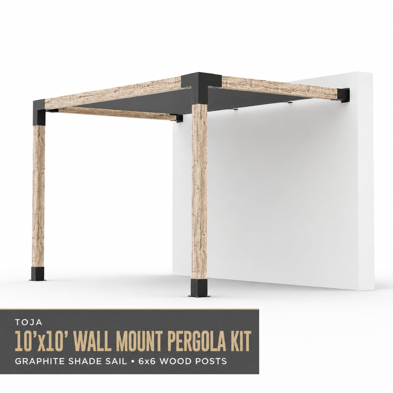 Kit de pergola murale Toja 10'x12' avec voile d’ombre en graphite pour poteaux en bois 6x6