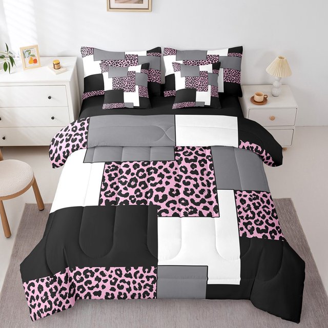 YST Ensembles de Literie Léopard Rose Violet, Ensemble de Douillette 7 Pcs à Rayures Format Double, Lit en Sac Noir Gris, Ensembles de Lit Réversibles à Lignes Minimalistes et Carrés avec Ensemble de Draps Déco de Chambre