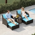 thumbnail image 2 of 5-Piece Outdoor Wicker Patio Conversation Set, 2 Chairs 2 Ottomans Glass Table, All-Weather Rattan, Brown Gradient & Sky Blue, 2 of 7