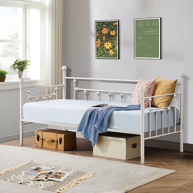 VECELO Twin Size Contemporary Metal Daybed Frame With Under-bed Storage,White