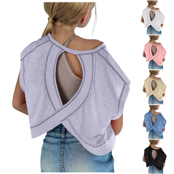 Feancey T-shirts Tendance pour Filles, Coupe Ample Décontractée, Dos Ajouré, Hauts pour Enfants, Manches Courtes Bouffantes, T-Shirt, Soldes Vêtements Été 2025 Aujourd'hui, Bleu, 9 Ans