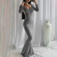 thumbnail image 2 of YFELWZ Robe Longue Dos Nu à Manches Longues Aguichant Col en V pour Femmes Grande Taille Gris TTG, 2 of 9