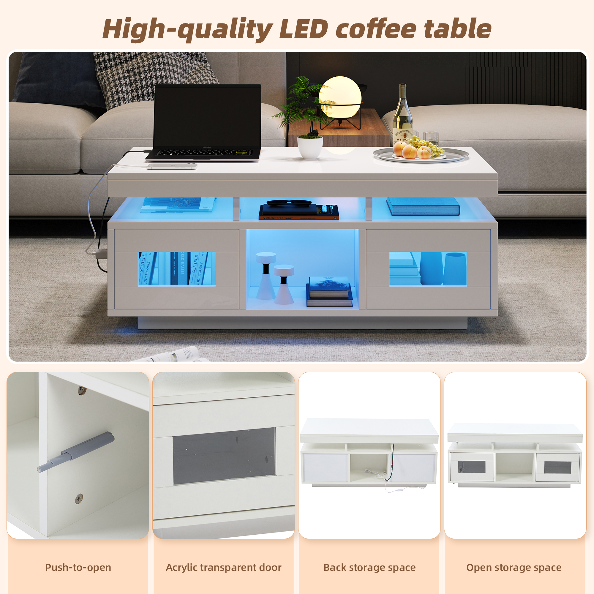 Noble House Table basse haute brillance avec lumières LED, Ports et prises USB, Centre 2 portes et Table d’appoint canapé, blanc