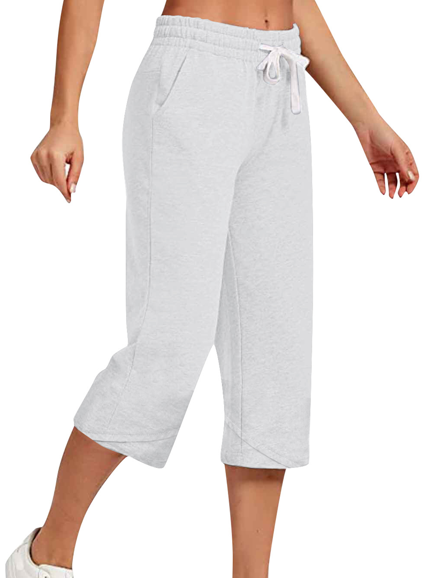 Innerwin Women's Solid Color Straight Leg Loose Fit Capris, White, 3XL