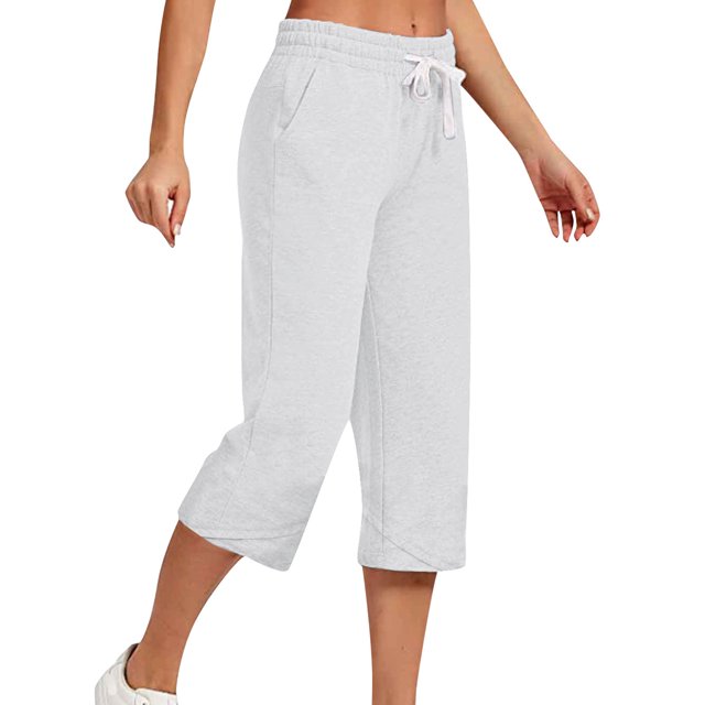 Innerwin Women's High Waist Straight Leg Capris, Solid Color, White, Size L
