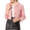 thumbnail image 1 of INSPIRE CHIC Women's Denim Cropped Jackets Chest Pocket Plaid Trim Button Down Jean Jacket L Peach Pink, 1 of 8